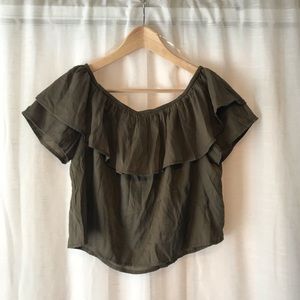 Olive Green Off Shoulder Ruffle Crop Top